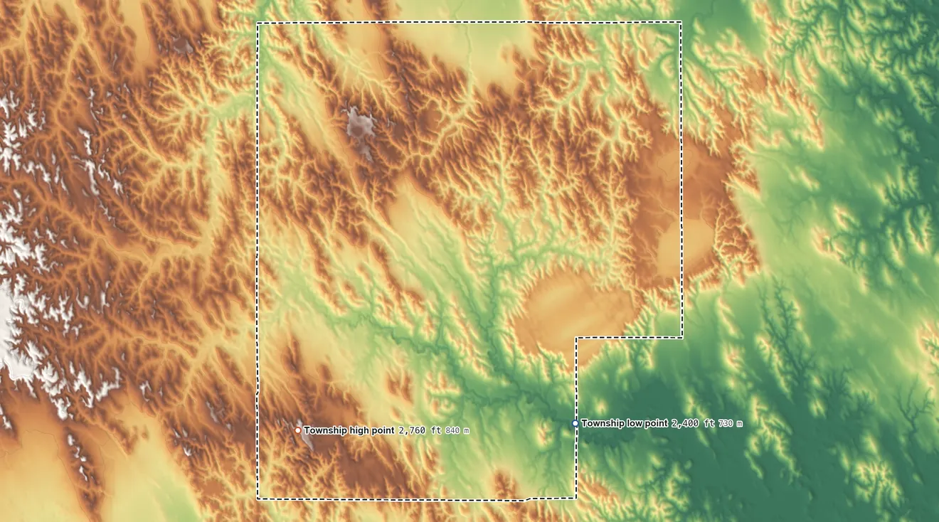 Topographic elevation map of Garfield Township, Custer County, Nebraska, shaded from 2,400 ft on the southeast side to 2,760 ft on the southwest side