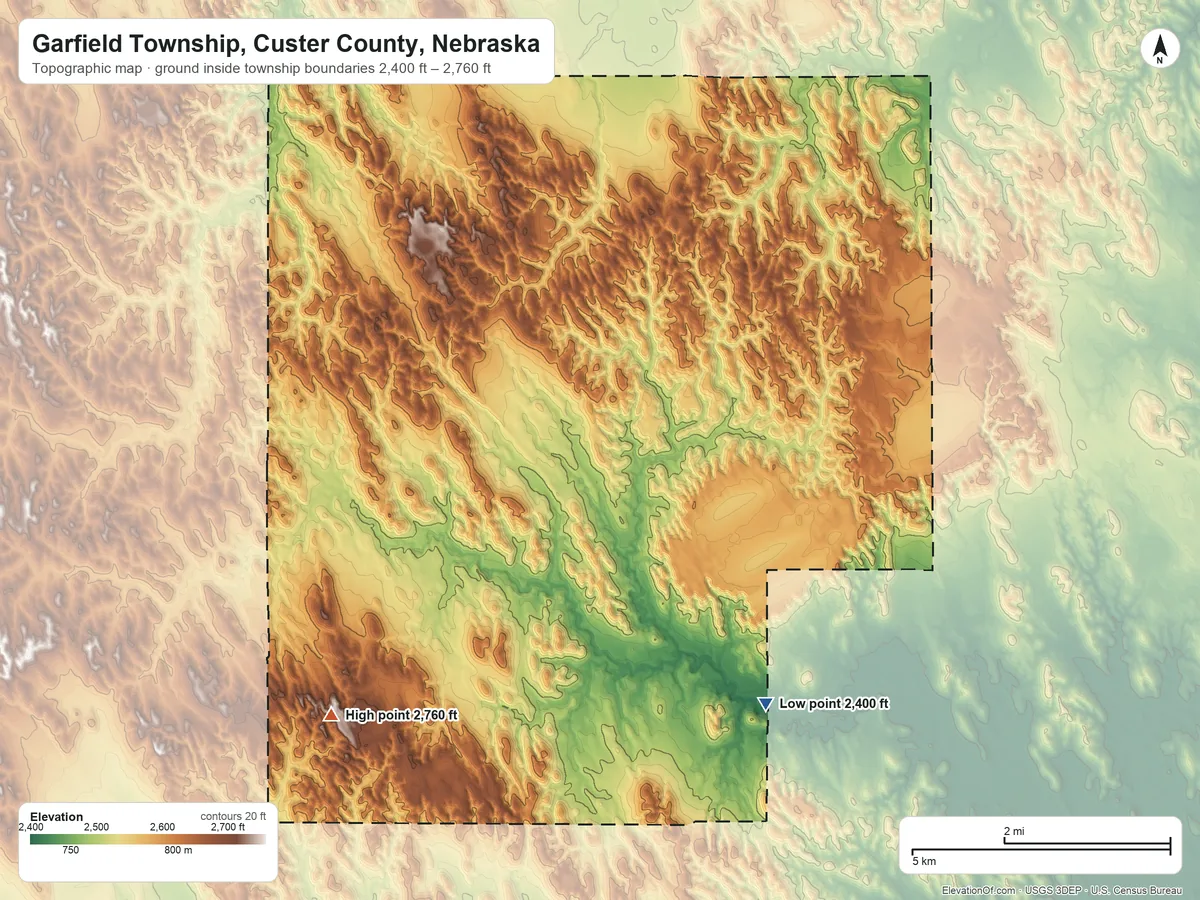 Topographic elevation map of Garfield Township, Custer County, Nebraska, shaded from 2,400 ft on the southeast side to 2,760 ft on the southwest side