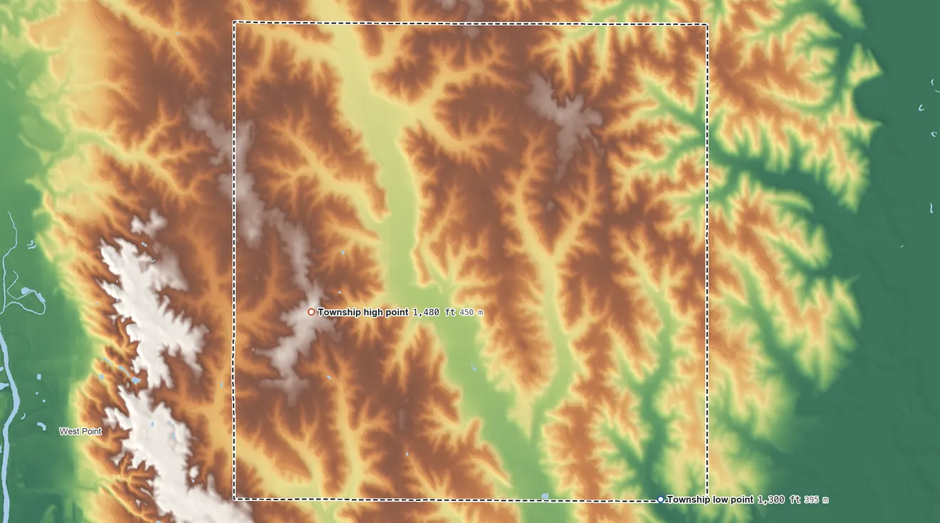 Topographic elevation map of Garfield Township, Nebraska, shaded from 1,300 ft on the southeast side to 1,480 ft on the west side