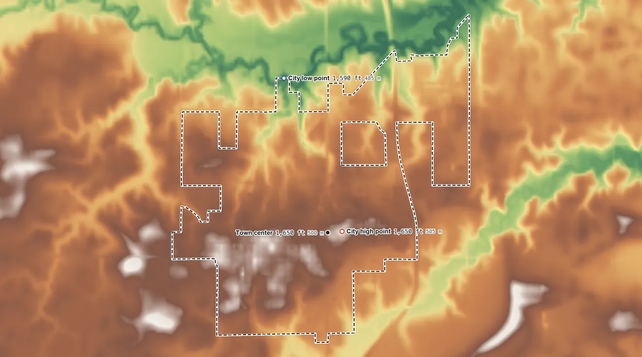 Topographic elevation map of Geneva, Nebraska, shaded from 1,590 ft on the north side to 1,650 ft near the middle
