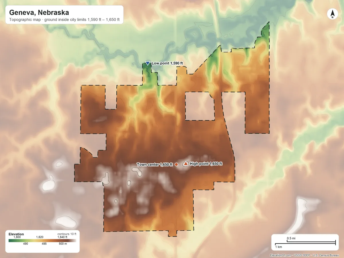 Topographic elevation map of Geneva, Nebraska, shaded from 1,590 ft on the north side to 1,650 ft near the middle