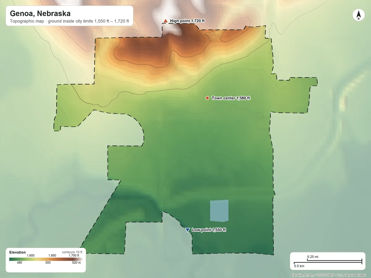 Topographic elevation map of Genoa, Nebraska, shaded from 1,550 ft on the south side to 1,720 ft on the northwest side