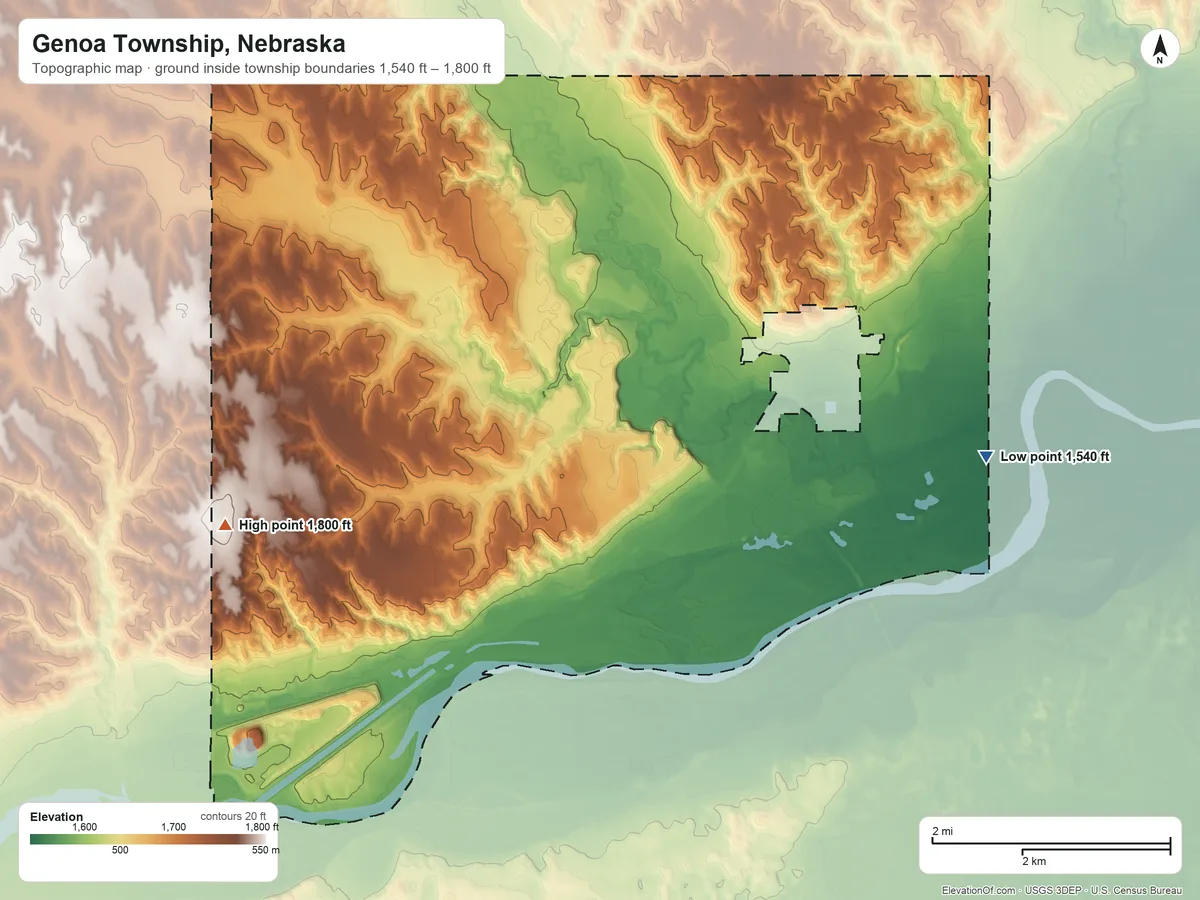 Topographic elevation map of Genoa Township, Nebraska, shaded from 1,540 ft on the east side to 1,800 ft on the west side