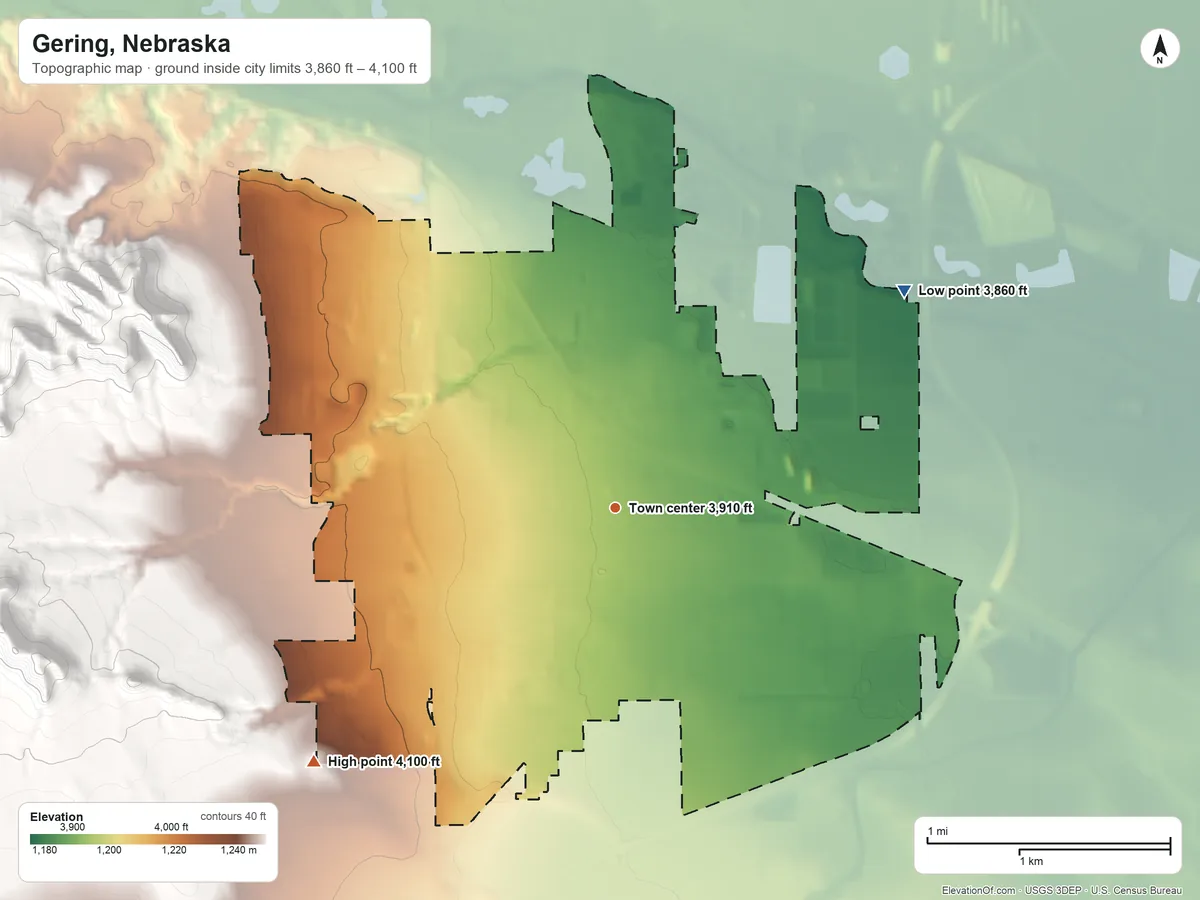 Topographic elevation map of Gering, Nebraska, shaded from 3,860 ft on the northeast side to 4,100 ft at the foot of the Wildcat Hills