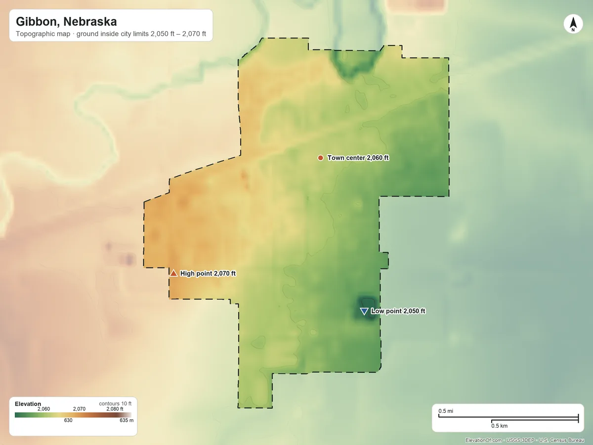 Topographic elevation map of Gibbon, Nebraska, shaded from 2,050 ft on the south side to 2,070 ft on the southwest side
