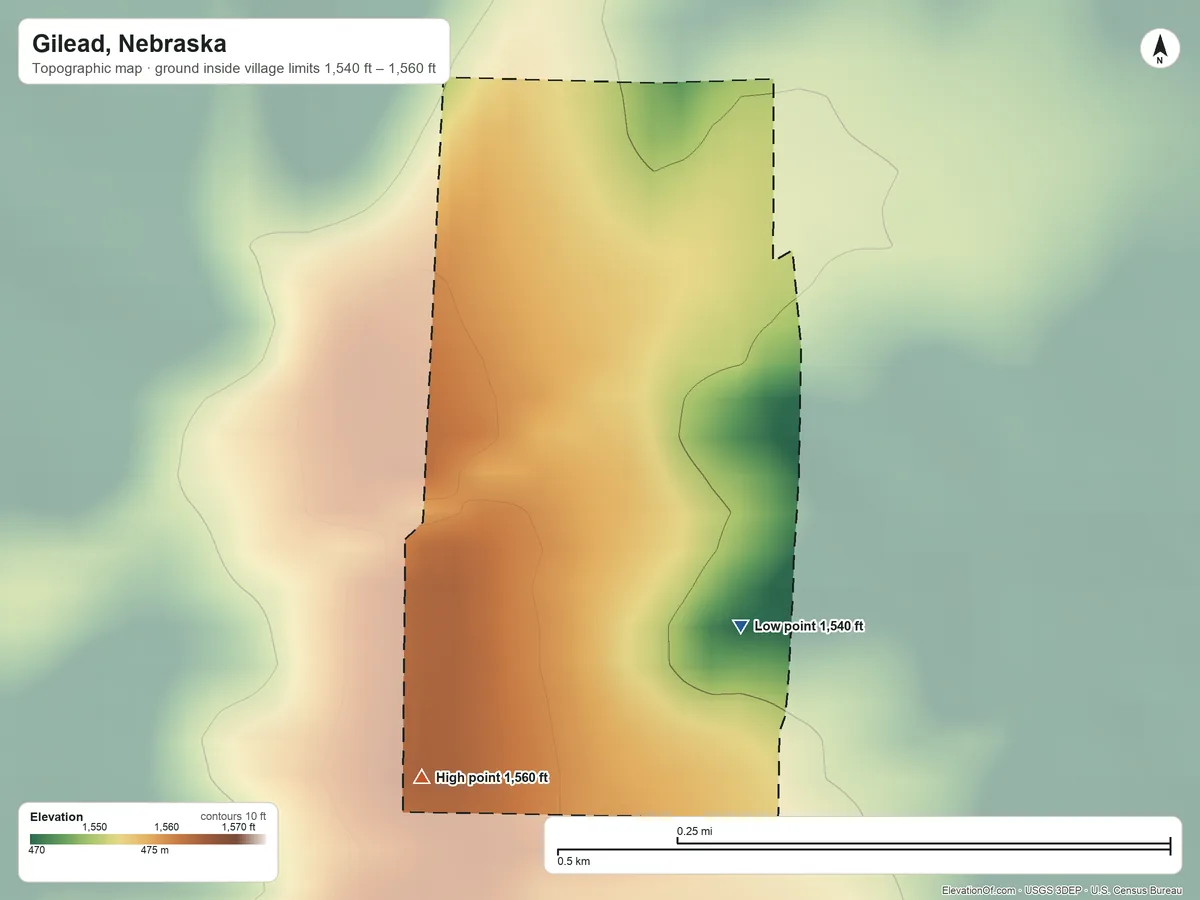 Topographic elevation map of Gilead, Nebraska, shaded from 1,540 ft on the southeast side to 1,560 ft on the south side
