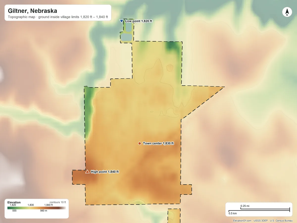 Topographic elevation map of Giltner, Nebraska, shaded from 1,820 ft on the north side to 1,840 ft on the southwest side