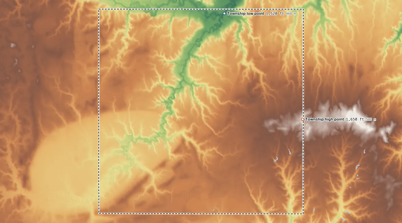 Topographic elevation map of Glengary Township, Nebraska, shaded from 1,520 ft on the north side to 1,650 ft on the southeast side