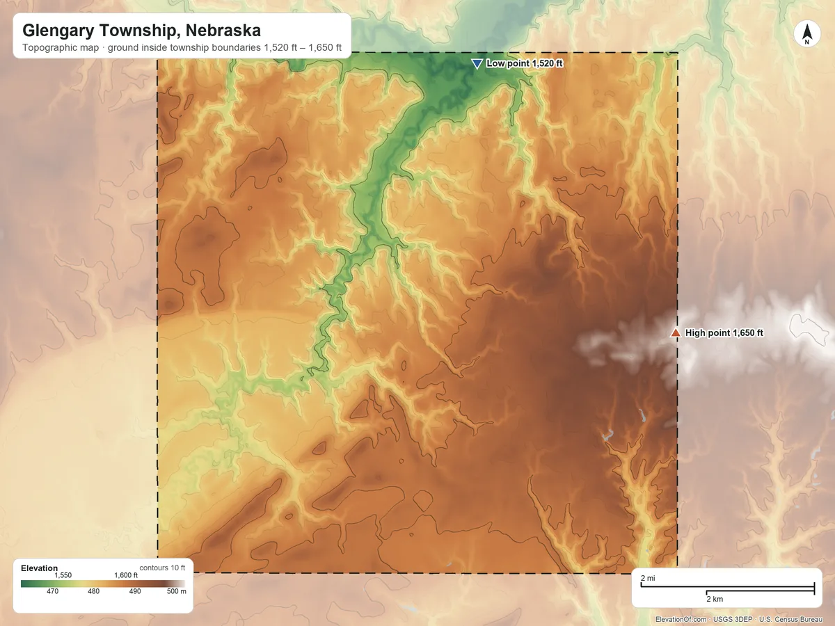 Topographic elevation map of Glengary Township, Nebraska, shaded from 1,520 ft on the north side to 1,650 ft on the southeast side