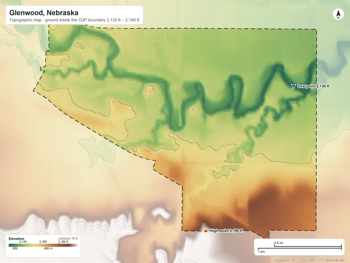 Topographic elevation map of Glenwood, Nebraska, shaded from 2,130 ft on the east side to 2,190 ft on the south side