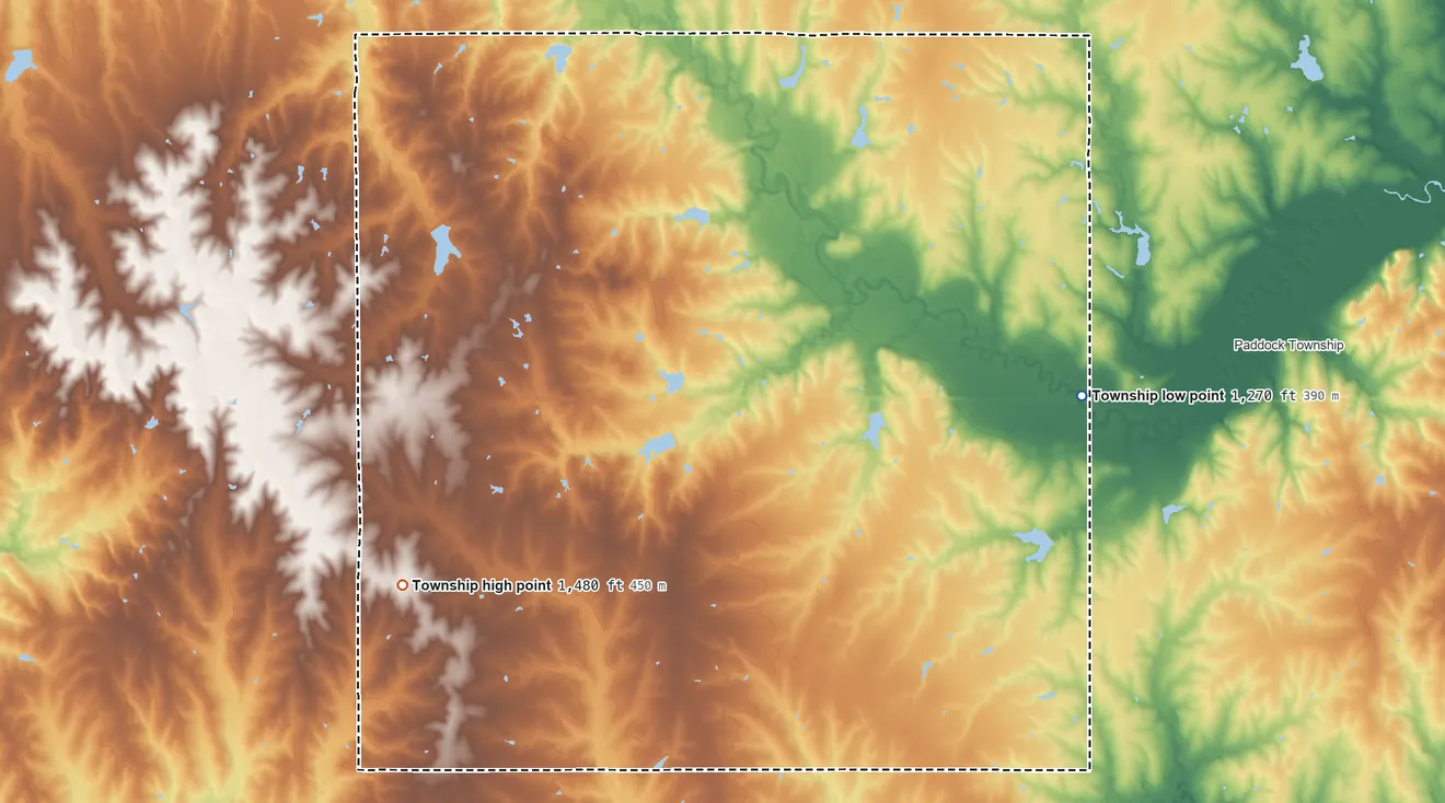 Topographic elevation map of Glenwood Township, Nebraska, shaded from 1,270 ft on the east side to 1,480 ft on the west side