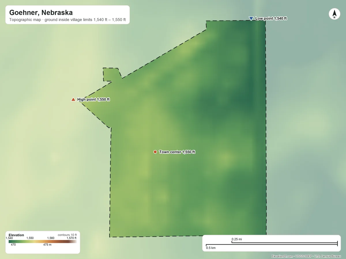 Topographic elevation map of Goehner, Nebraska, shaded from 1,540 ft on the northeast side to 1,550 ft on the northwest side
