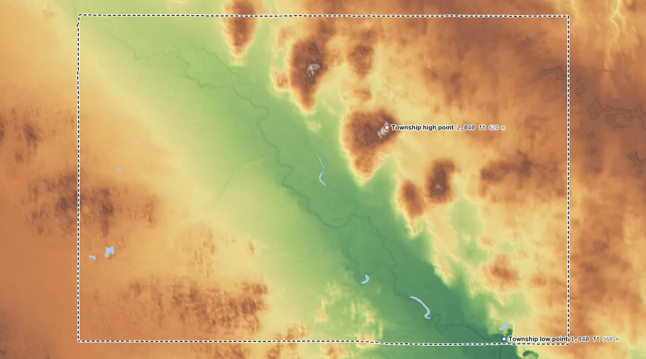 Topographic elevation map of Golden Township, Nebraska, shaded from 1,840 ft on the southeast side to 2,040 ft on the northeast side