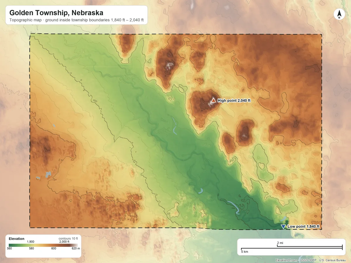 Topographic elevation map of Golden Township, Nebraska, shaded from 1,840 ft on the southeast side to 2,040 ft on the northeast side