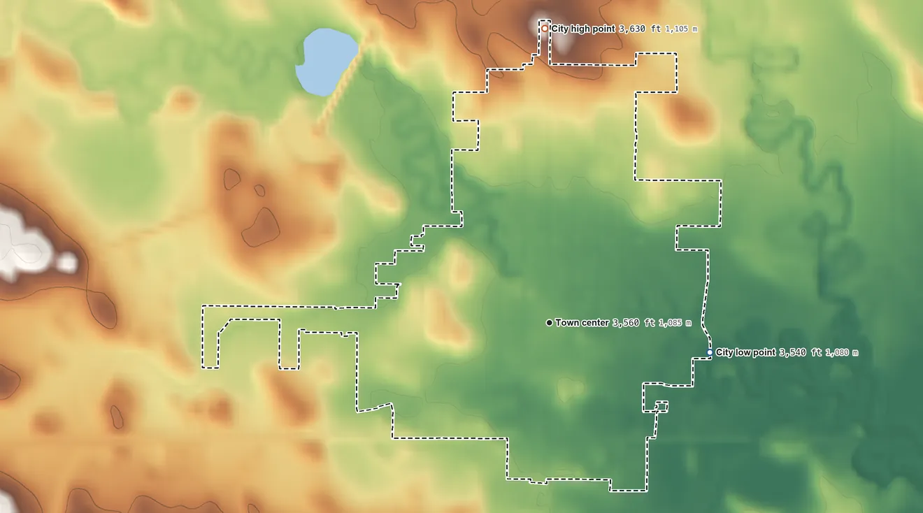 Topographic elevation map of Gordon, Nebraska, shaded from 3,540 ft on the east side to 3,630 ft on the north side