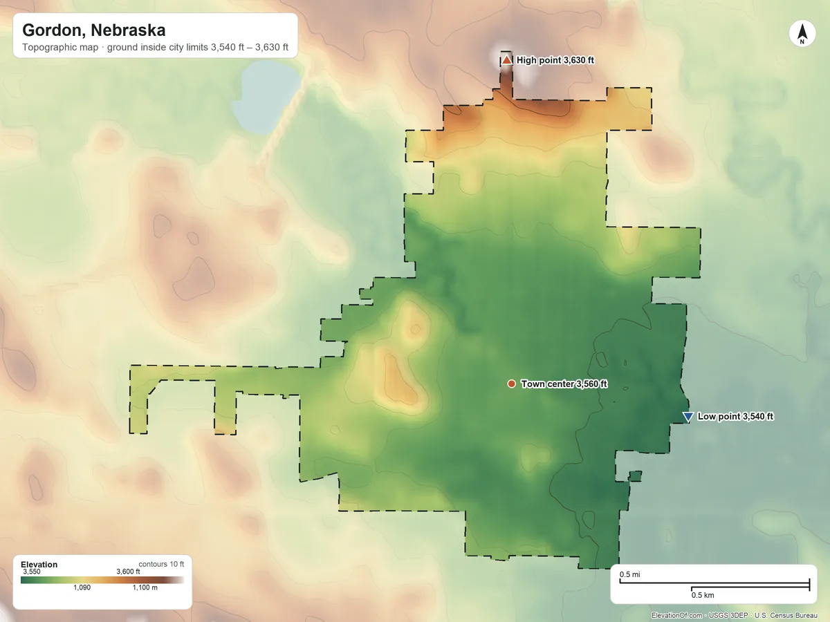 Topographic elevation map of Gordon, Nebraska, shaded from 3,540 ft on the east side to 3,630 ft on the north side