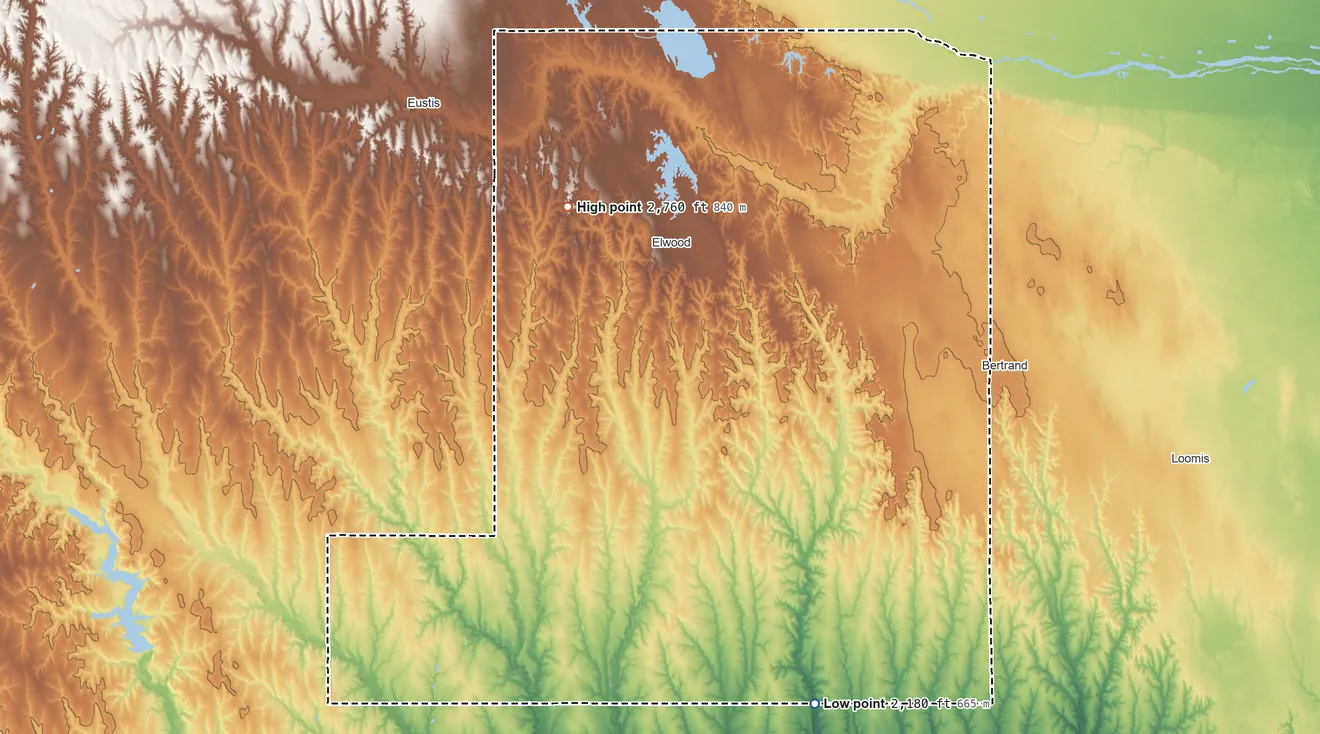 Topographic elevation map of Gosper County, Nebraska, shaded from 2,180 ft on the southeast side to 2,760 ft on the northwest side