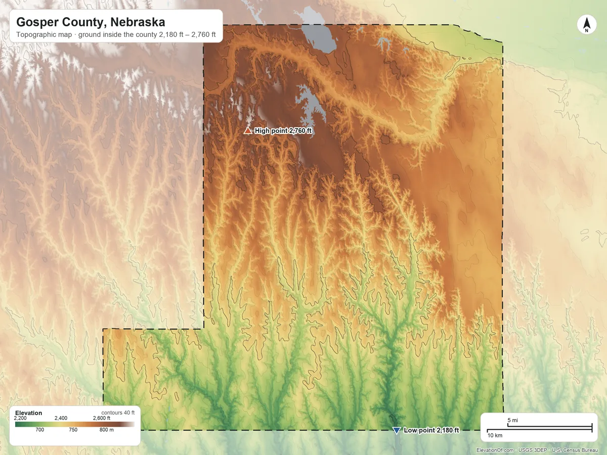 Topographic elevation map of Gosper County, Nebraska, shaded from 2,180 ft on the southeast side to 2,760 ft on the northwest side