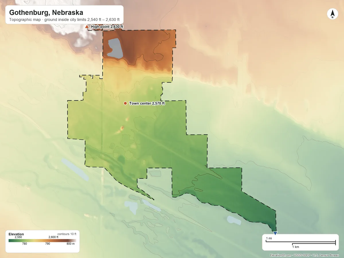 Topographic elevation map of Gothenburg, Nebraska, shaded from 2,540 ft on the southeast side to 2,630 ft on the northwest side
