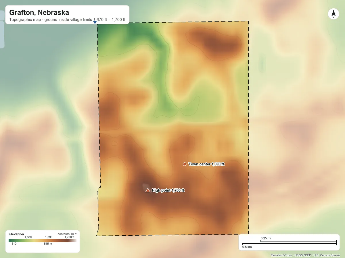 Topographic elevation map of Grafton, Nebraska, shaded from 1,670 ft on the northwest side to 1,700 ft on the southwest side