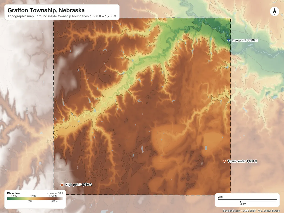 Topographic elevation map of Grafton Township, Nebraska, shaded from 1,580 ft on the north side to 1,730 ft on the west side