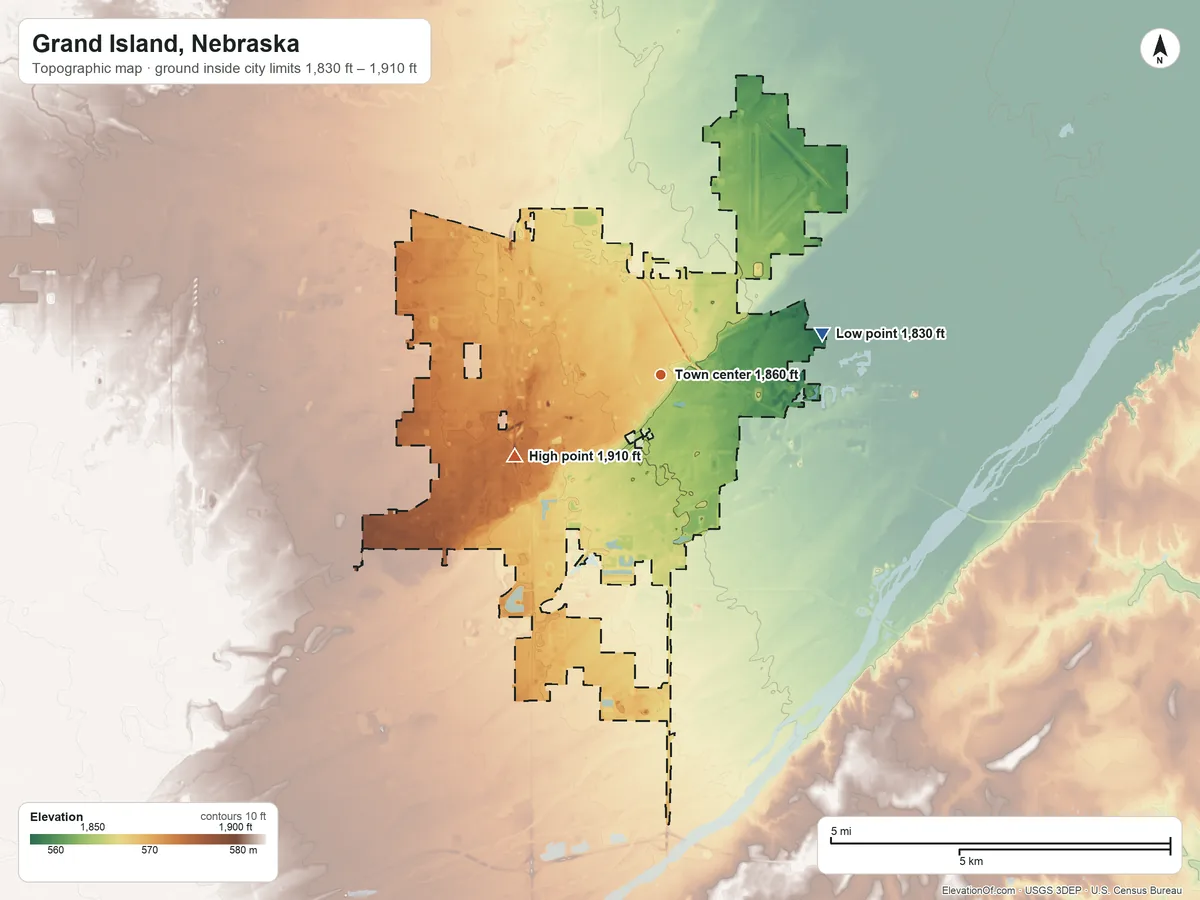 Topographic elevation map of Grand Island, Nebraska, shaded from 1,830 ft on the east side to 1,910 ft on the southwest side