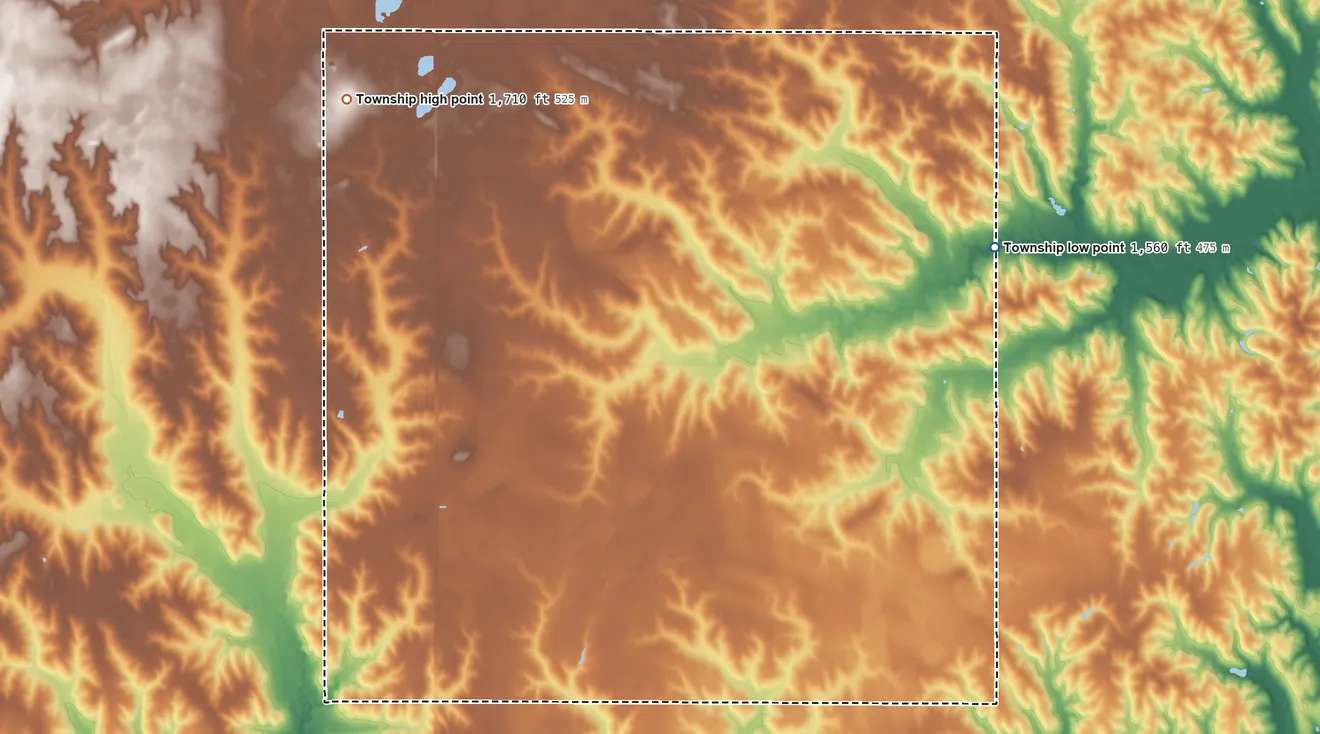 Topographic elevation map of Grand Prairie Township, Nebraska, shaded from 1,560 ft on the northeast side to 1,710 ft on the northwest side