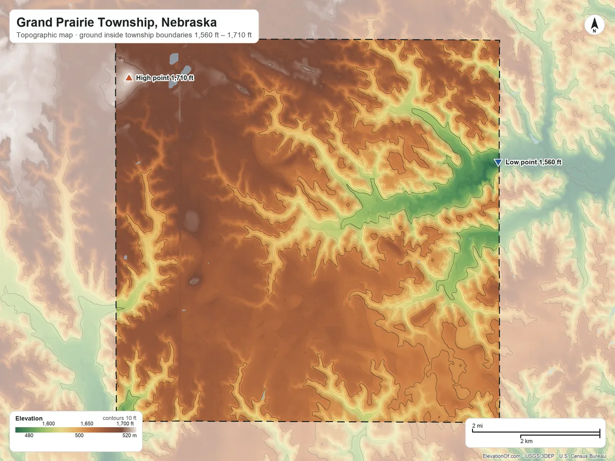 Topographic elevation map of Grand Prairie Township, Nebraska, shaded from 1,560 ft on the northeast side to 1,710 ft on the northwest side
