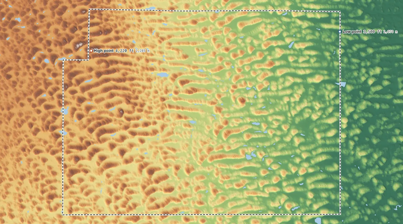 Topographic elevation map of Grant County, Nebraska, shaded from 3,500 ft on the northeast side to 4,220 ft on the northwest side