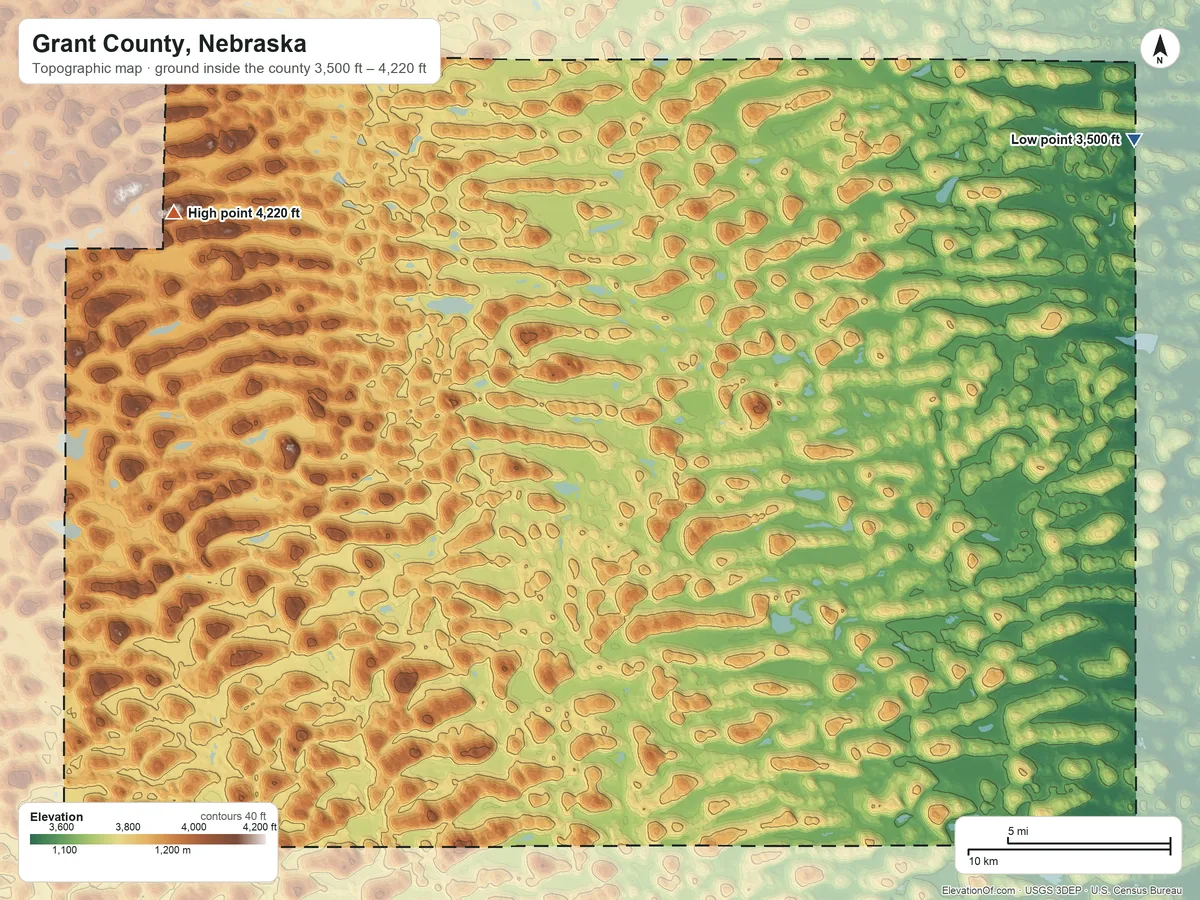 Topographic elevation map of Grant County, Nebraska, shaded from 3,500 ft on the northeast side to 4,220 ft on the northwest side