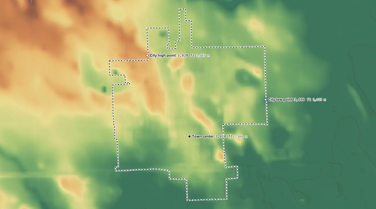 Topographic elevation map of Grant, Nebraska, shaded from 3,400 ft on the northeast side to 3,420 ft on the northwest side