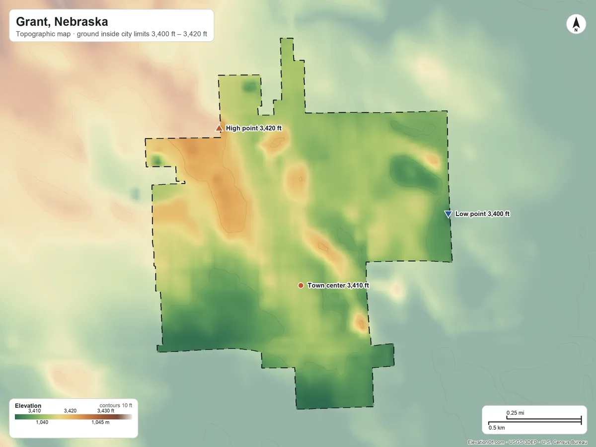 Topographic elevation map of Grant, Nebraska, shaded from 3,400 ft on the northeast side to 3,420 ft on the northwest side