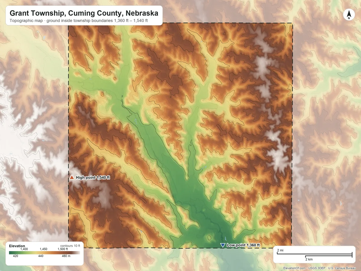 Topographic elevation map of Grant Township, Cuming County, Nebraska, shaded from 1,360 ft on the southeast side to 1,540 ft on the southwest side