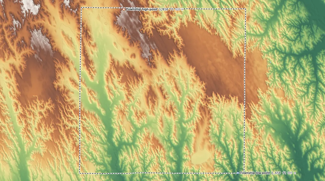 Topographic elevation map of Grant Township, Custer County, Nebraska, shaded from 2,650 ft on the southeast side to 3,010 ft on the northwest side