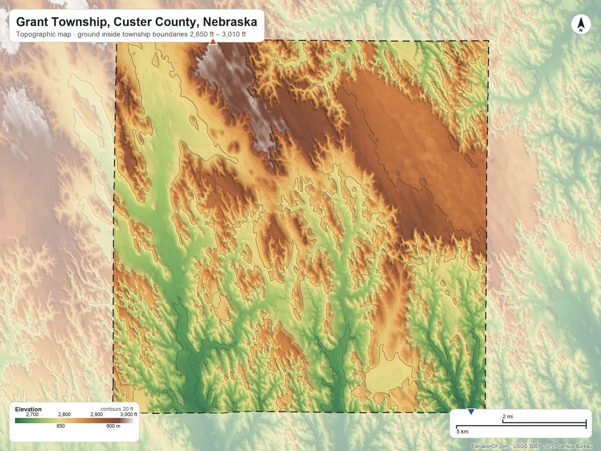 Topographic elevation map of Grant Township, Custer County, Nebraska, shaded from 2,650 ft on the southeast side to 3,010 ft on the northwest side