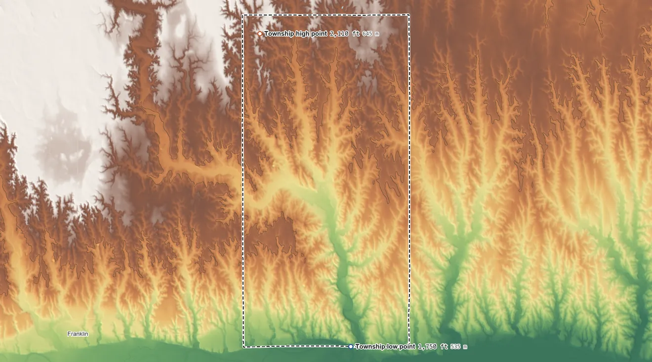 Topographic elevation map of Grant Township, Franklin County, Nebraska, shaded from 1,750 ft on the south side to 2,110 ft on the northwest side
