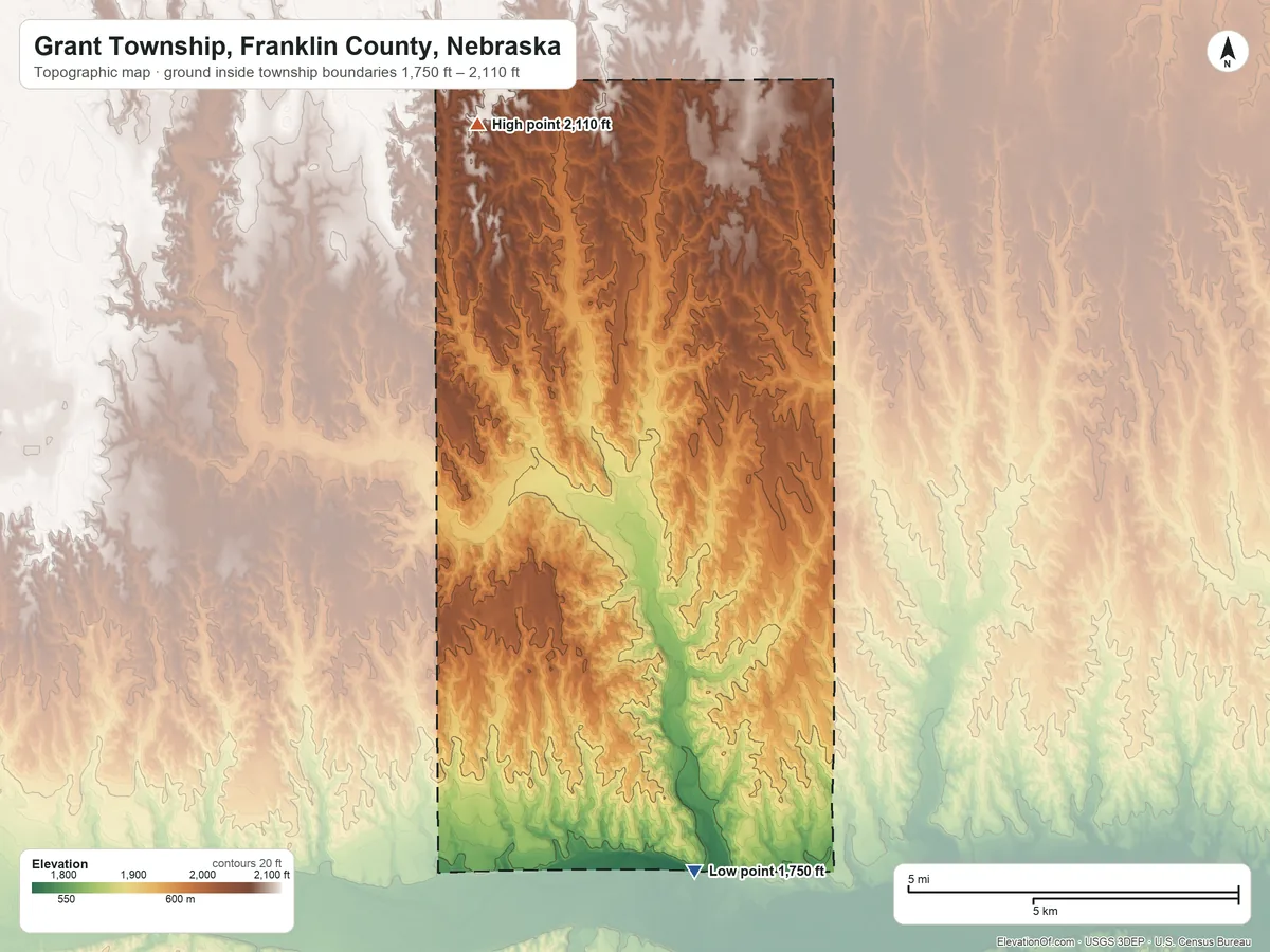 Topographic elevation map of Grant Township, Franklin County, Nebraska, shaded from 1,750 ft on the south side to 2,110 ft on the northwest side