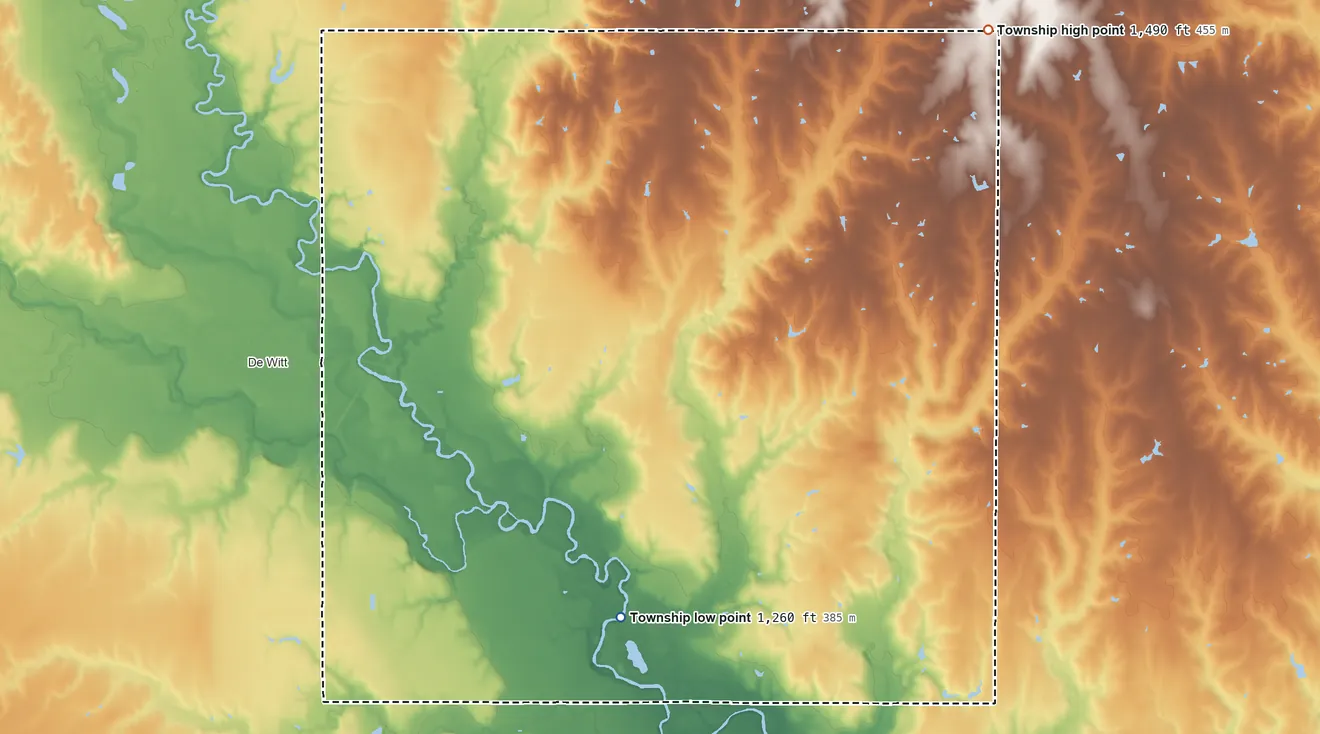 Topographic elevation map of Grant Township, Nebraska, shaded from 1,260 ft on the south side to 1,490 ft on the northeast side