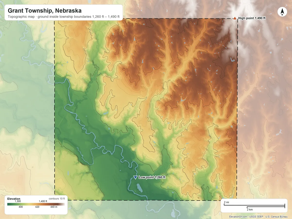 Topographic elevation map of Grant Township, Nebraska, shaded from 1,260 ft on the south side to 1,490 ft on the northeast side