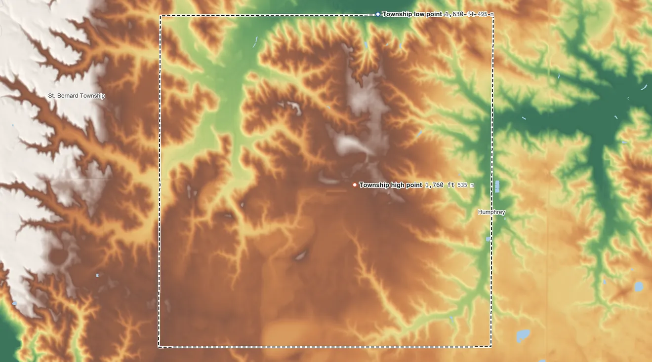 Topographic elevation map of Granville Township, Nebraska, shaded from 1,630 ft on the north side to 1,760 ft on the northwest side
