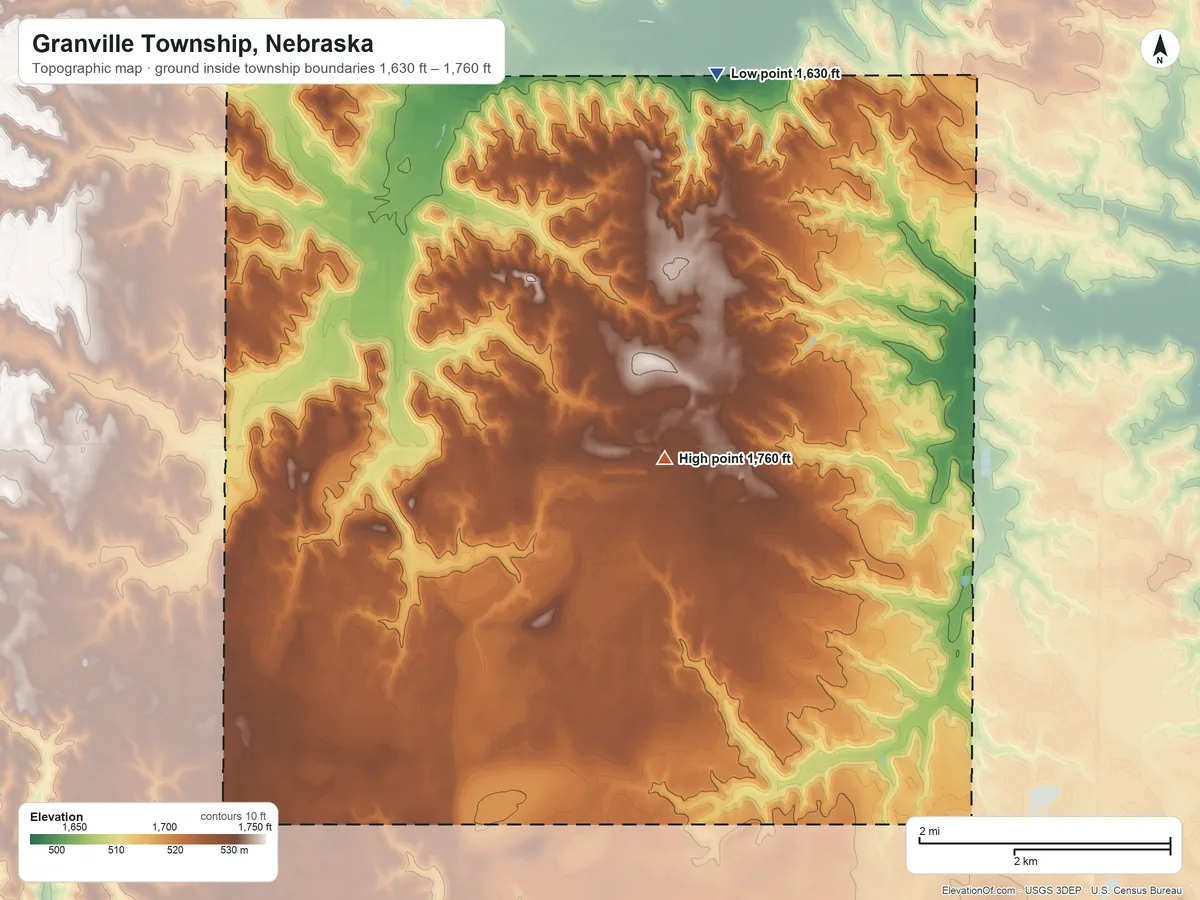 Topographic elevation map of Granville Township, Nebraska, shaded from 1,630 ft on the north side to 1,760 ft on the northwest side