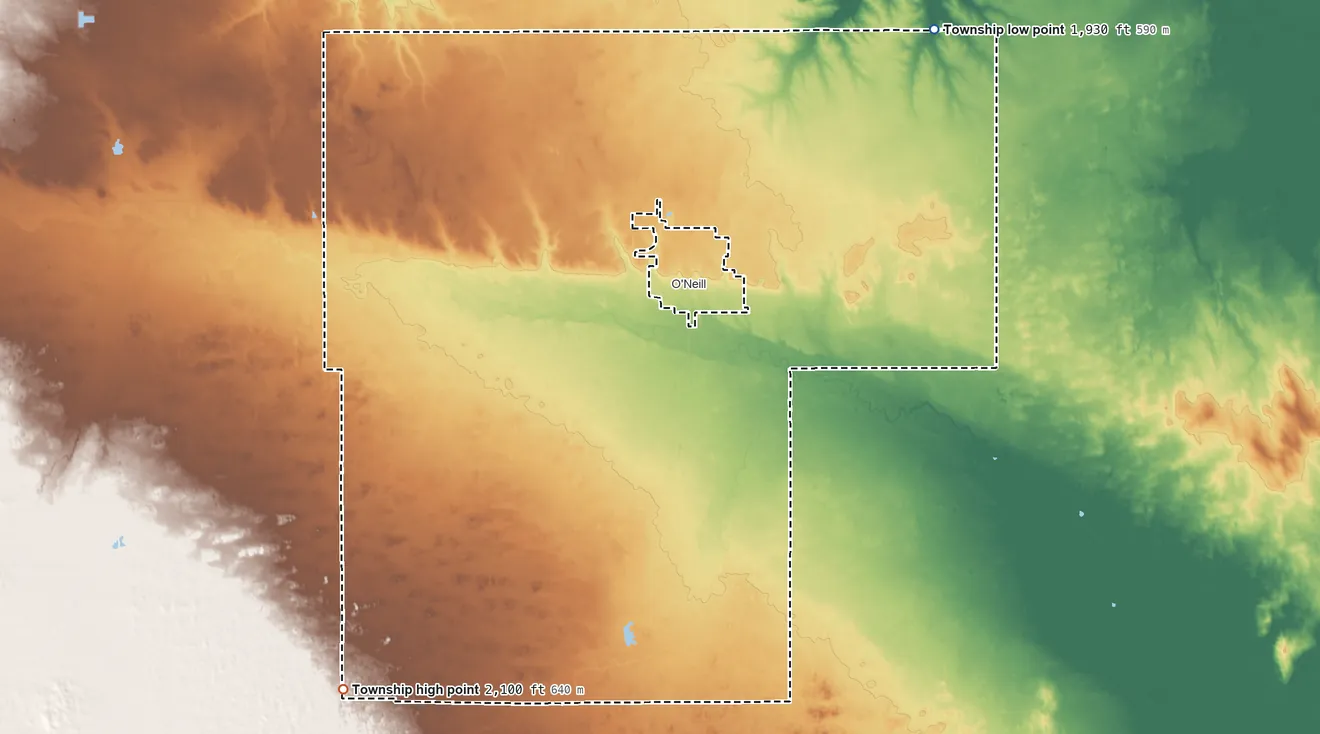 Topographic elevation map of Grattan Township, Nebraska, shaded from 1,930 ft on the northeast side to 2,100 ft on the southwest side