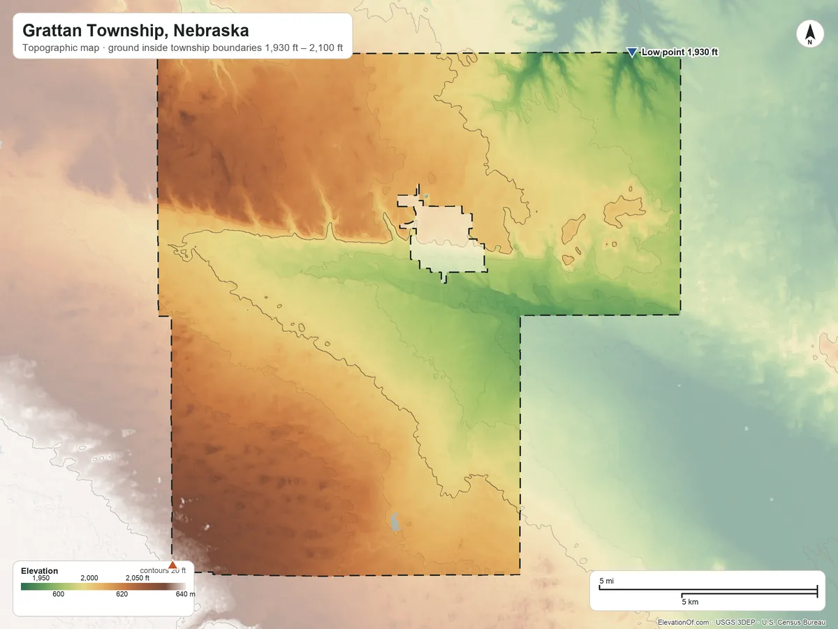 Topographic elevation map of Grattan Township, Nebraska, shaded from 1,930 ft on the northeast side to 2,100 ft on the southwest side