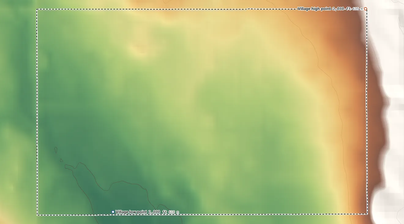 Topographic elevation map of Greeley Center, Nebraska, shaded from 2,000 ft on the southwest side to 2,080 ft on the northeast side