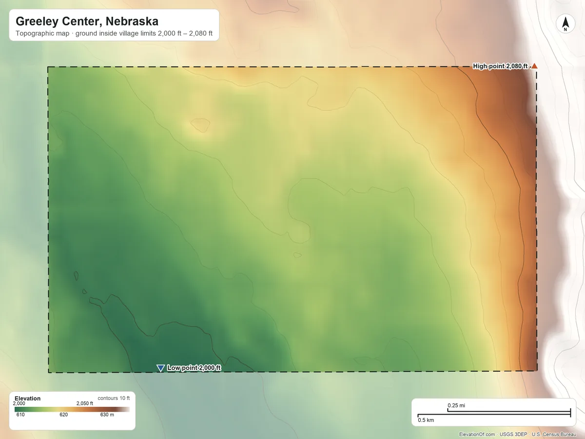 Topographic elevation map of Greeley Center, Nebraska, shaded from 2,000 ft on the southwest side to 2,080 ft on the northeast side