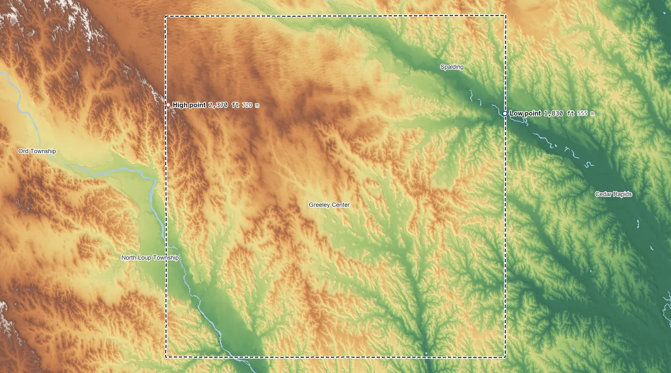 Topographic elevation map of Greeley County, Nebraska, shaded from 1,830 ft on the northeast side to 2,370 ft on the northwest side