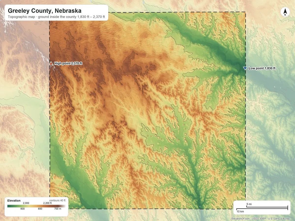 Topographic elevation map of Greeley County, Nebraska, shaded from 1,830 ft on the northeast side to 2,370 ft on the northwest side