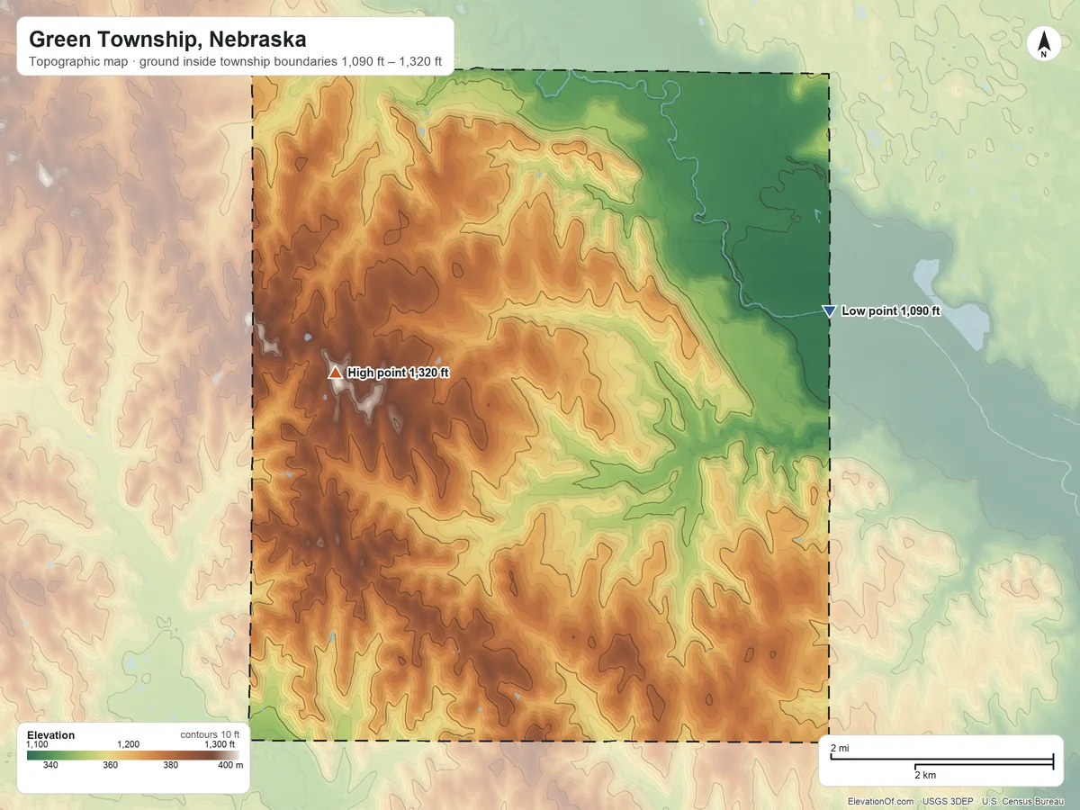 Topographic elevation map of Green Township, Nebraska, shaded from 1,090 ft on the east side to 1,320 ft on the west side