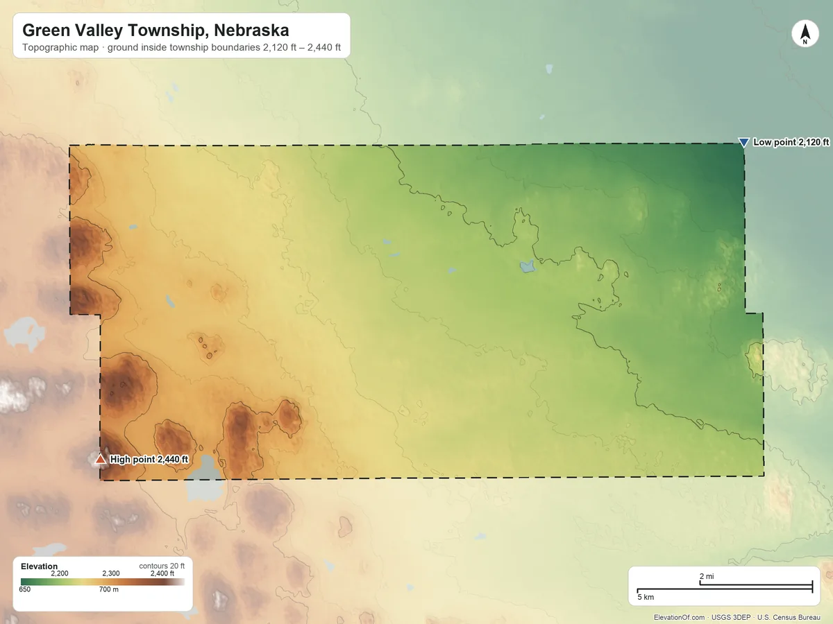 Topographic elevation map of Green Valley Township, Nebraska, shaded from 2,120 ft on the east side to 2,440 ft on the southwest side