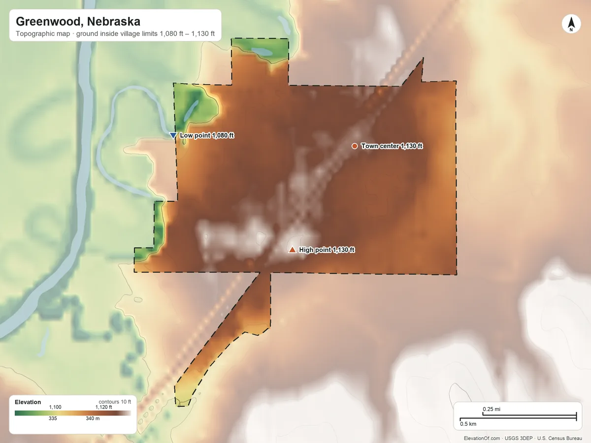 Topographic elevation map of Greenwood, Nebraska, shaded from 1,080 ft on the west side to 1,130 ft on the southwest side